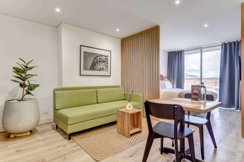 Living room with sofa and warm lighting