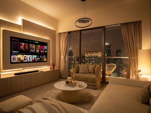 Living Room Large Netflix Smart TV Stone Feature Wall and City Night View