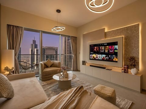 Living Room Netflix Smart TV Feature Wall with City Night View