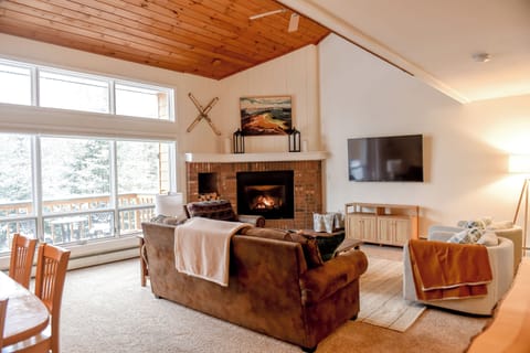 Open floor plan (yet super cozy! living area, gas fireplace + views!
