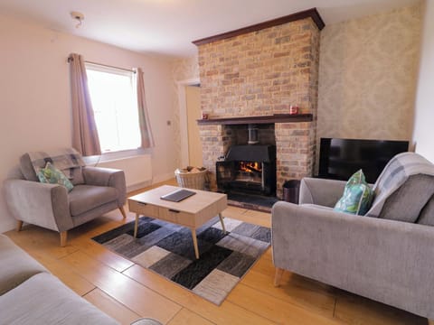 Flat-screen TV, fireplace
