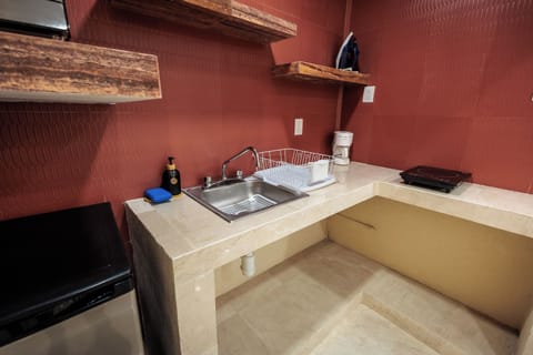 Fridge, microwave, stovetop, cookware/dishes/utensils