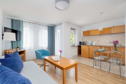 The living area features a sleek coffee table and a flat-screen television.