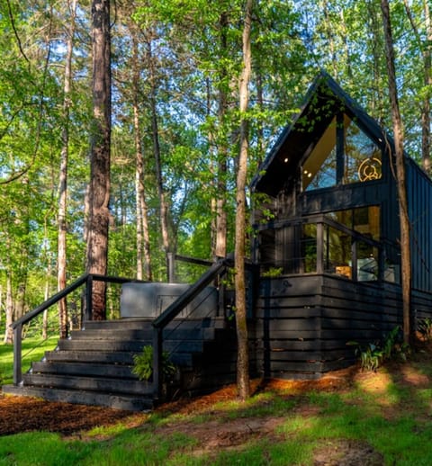 Contemporary cabin exterior surrounded by forest, offering a peaceful and private retreat.
