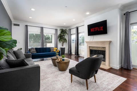 Bright living room with fireplace and modern seating