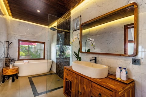 Separate tub and shower, free toiletries, hair dryer, bathrobes