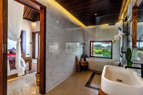 Separate tub and shower, free toiletries, hair dryer, bathrobes