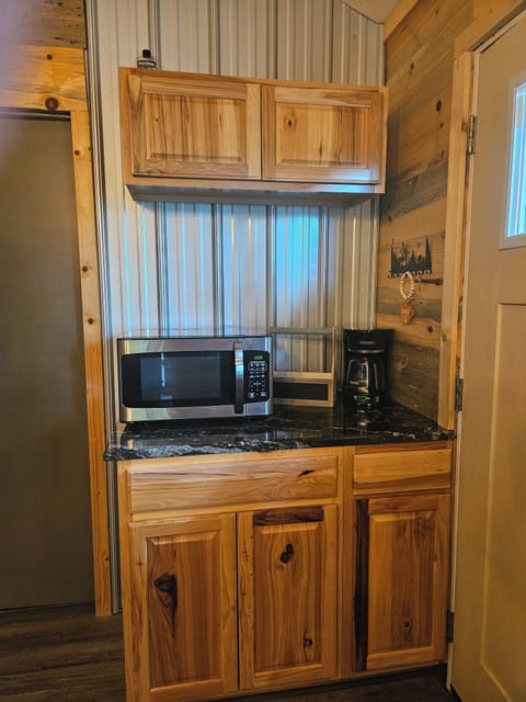 kitchen, behind door, microwave, coffee maker