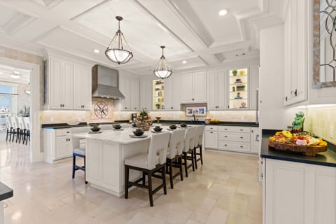 The main kitchen area features a massive kitchen island