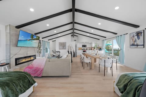 Cozy living area featuring a warm, inviting fireplace.