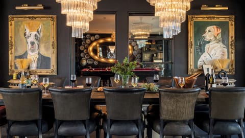 Large dining table with seating for 12.
