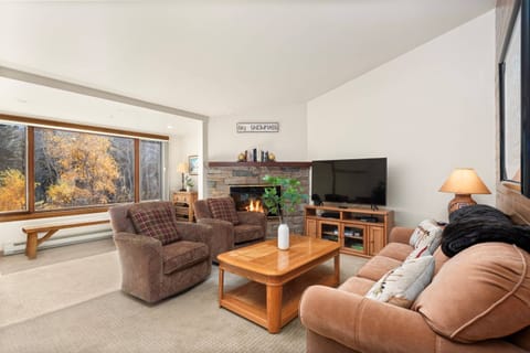 Cozy living room with stone gas fireplace, comfortable seating, and large windows showcasing beautiful views.