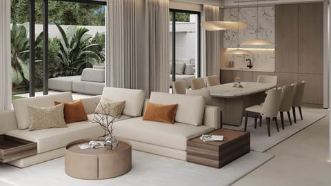 Living and Dining area overview with views on the garden