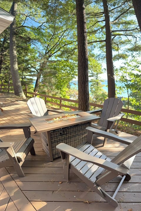 OVERVIEW:  The fire table on the deck with Crystal Lake in the background