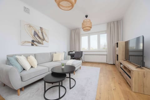 A bright living room with a light gray sofa, wooden furniture, and a modern TV setup. Natural light fills the space, enhancing the cozy and stylish atmosphere.