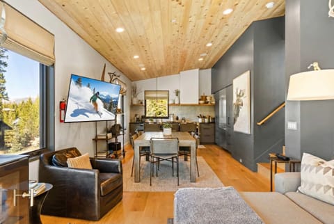 Living room (main floor): Wood-burning fireplace, Smart TV, mountain views