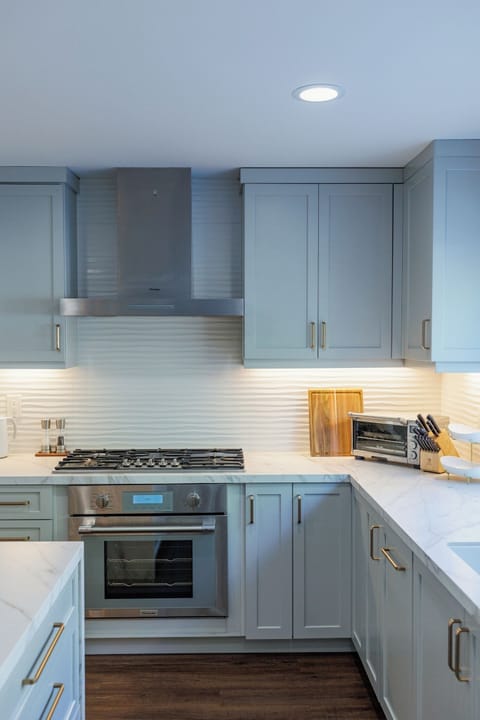 Kitchen features stainless steel appliances with backsplash and cabinetry.