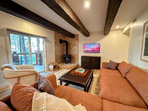 Cozy living room with cast iron gas stove and relaxing greenbelt views.