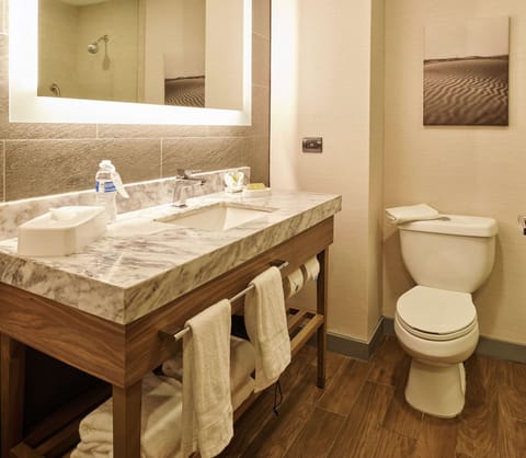 Shower, rainfall showerhead, free toiletries, hair dryer