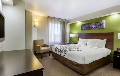 Unwind on a crisp king bed with soothing lighting.