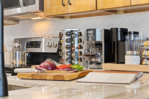 Fully stocked remodeled kitchen.