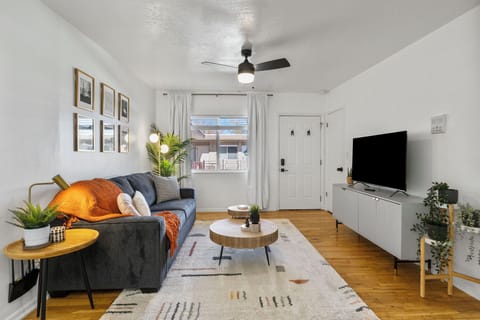 Comfortable and trendy living room with fast wi-fi and a sofa bed.
