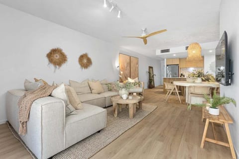 Soft beige sofa perfect for relaxing after the beach.
