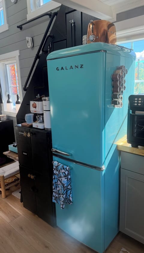 Gorgeous eggshell blue retro fridge with an array of spices for easy cooking