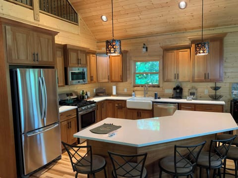 Full kitchen with counter-top seating adjacent to dining table in great room connected to covered deck overlooking lake & above lower level patio & fire pit area. (Accurate Illustration, AI Enhanced Decor Due to Build In Progress)