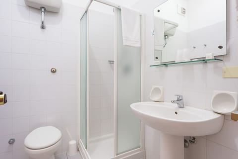 Shower, hair dryer, towels, toilet paper