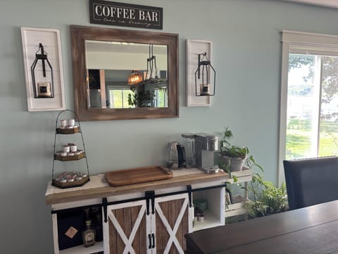Coffee Bar! Keurig, Coffee maker, electric tea pot, some coffee provided.