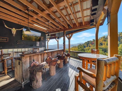 Rustic Bar | Saddle Stools | Covered Deck | Scenic Mountain Views