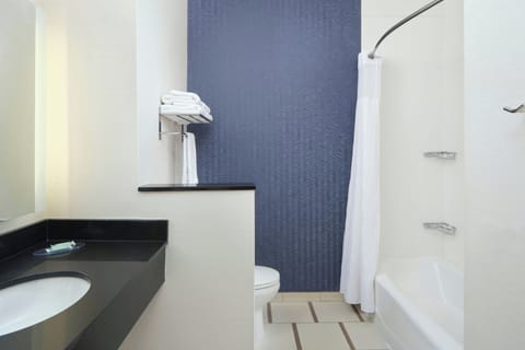 Combined shower/tub, free toiletries, hair dryer, towels