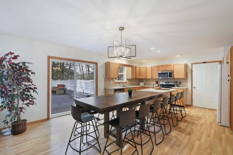 The large dining table has 12 seats with room for the whole group to share meals
