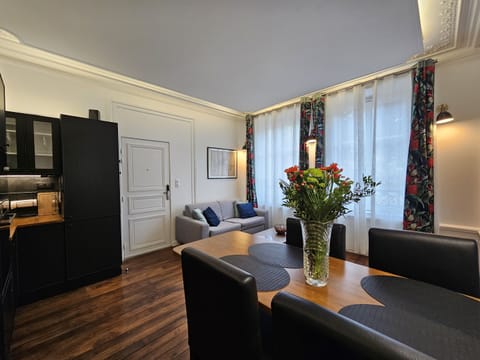 Overview of the living room and dining area