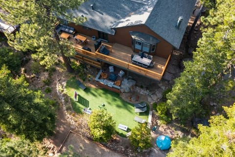 Aerial view of a stunning backyard oasis and cozy cabin.