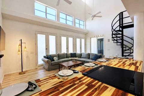 Living room with kitchen island seating