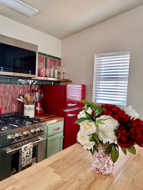 Kitchen with Classic Fridge and Modern Microwave