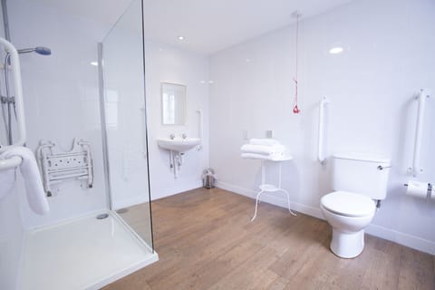 Combined shower/tub, free toiletries, hair dryer, towels