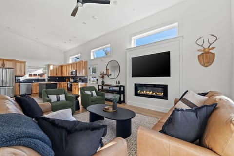 Cozy around the electric fireplace while snuggled up for a movie night.