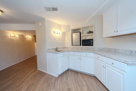 Walkout basement has small refrigerator, microwave and small sink