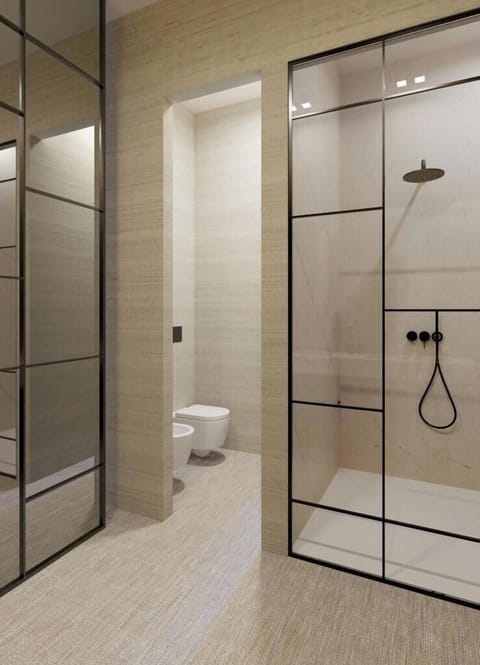 Shower, hair dryer, slippers, towels