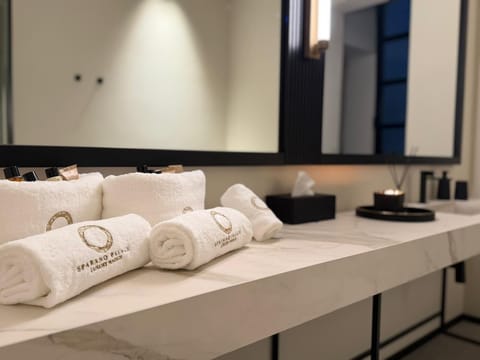 Shower, hair dryer, slippers, towels