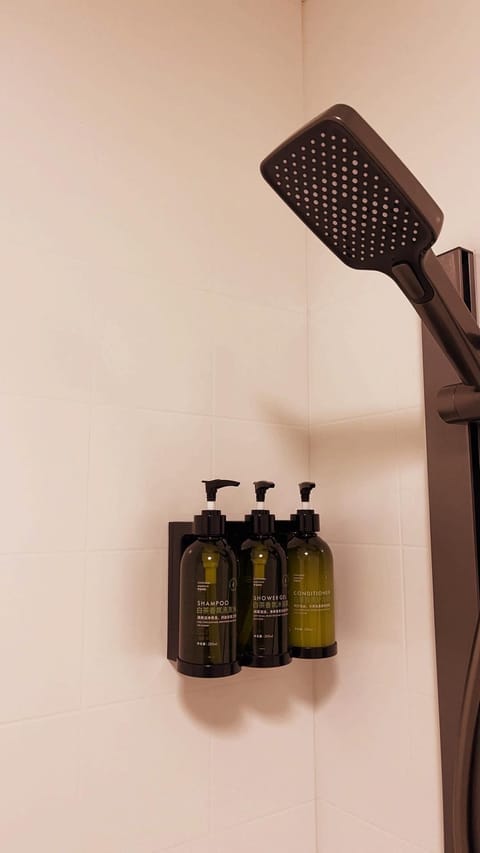 Shower, hair dryer, towels, shampoo