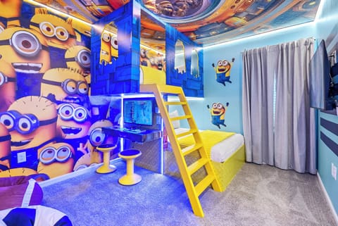 Welcome to a vibrant kids' room filled with cheerful Minion decor. The playful yellow bunk bed and colorful furnishings add to the fun, while soft carpeting and lively lighting create an exciting space for your little ones.