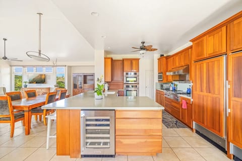 Chef's kitchen with Sub Zero fridge, range and two wine fridges