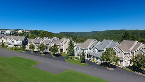 Peaceful neighborhood of charming mountain homes nestled within lush green surroundings.