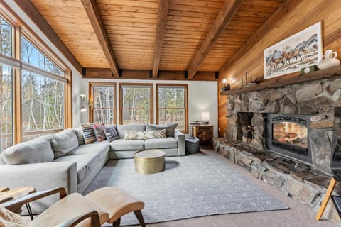 Relax by the fireplace in a cozy, sun-drenched living room with forest views!