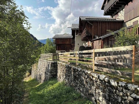 Notre domaine avec le chalet au milieu et les deux granges de chaque côté. Et le sentier qui descend au Planay.