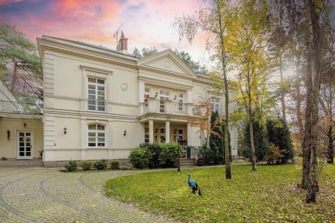 Another exterior view of the villa with a paved driveway and landscaped front garden. The building’s elegant proportions emphasize its stately appearance.